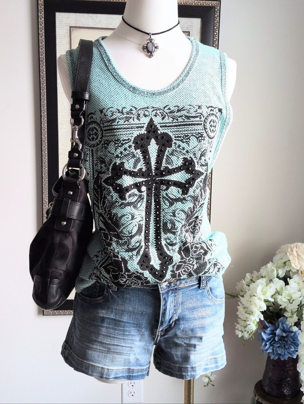 Vocal USA Cross Rhinestone Tank Top Y2K McBling Affliction Style Small